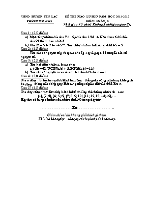 Đề thi giao lưu học sinh giỏi môn Toán Lớp 6 - Năm học 2011-2012 - Phòng giáo dục và đào tạo huyện Yên Lạc (Có đáp án)